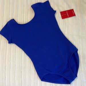 Child’s medium short sleeve, blue Capezio dance leotard. NWT